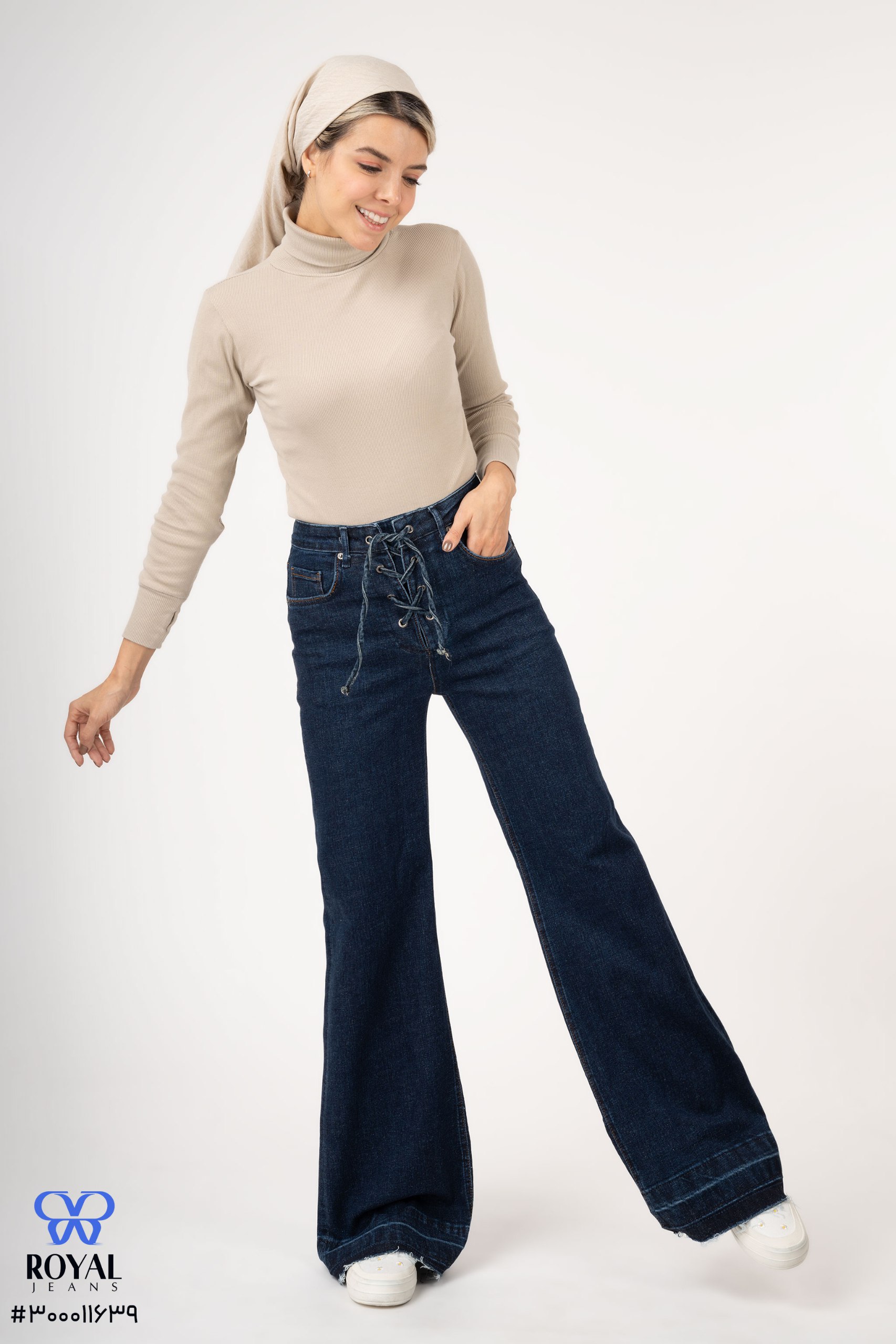 شلوار جین کمر ساده flare lace up دمپا زاپ 300011639